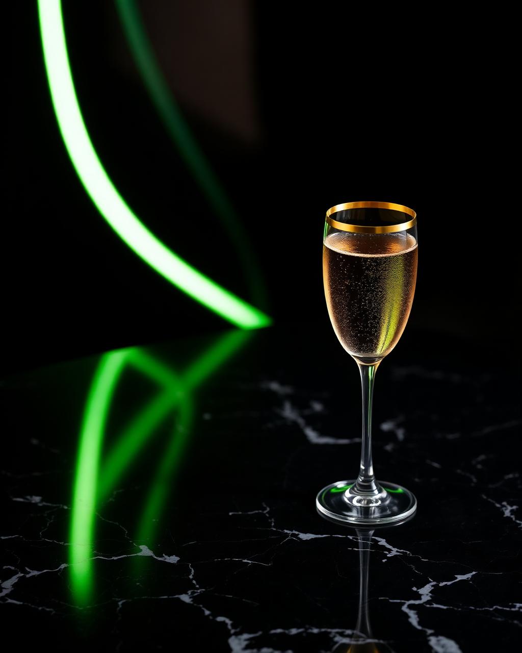 Champagne coupe on black marble with neon-lime light — luxury still life